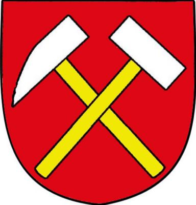 V červeném štítě stříbrná hornická kladívka na zlatých topůrkách. Znak Abertamy
