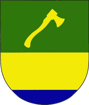 Zeleno-zlatě dělený štít s modrou patou, v horním poli šikmo položená zlatá sekera. Znak Babylon