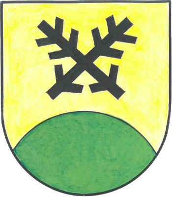 Ve zlatém štítě nad zeleným kopcem černé zkřížené ostrve. Znak Batňovice