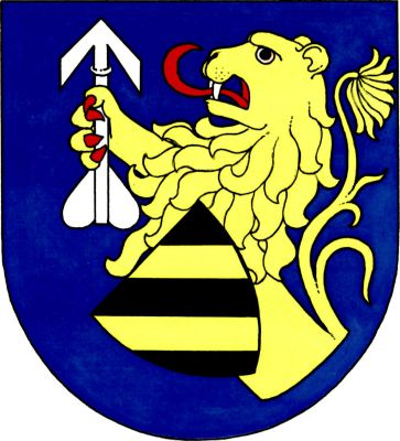 V modrém štítě polovina zlatého lva s červenou zbrojí. V pravé tlapě drží vztyčenou stříbrnou střelu, na levé tlapě má zavěšen černý gotický štítek se dvěma zlatými kosmými břevny. Znak Bečov