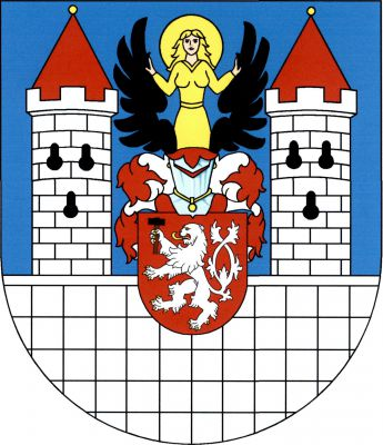 V modrém štítě stříbrná kvádrovaná zeď, za ní dvě stříbrné kruhové kvádrované věže, každá se třemi (2,1) černými klíčovými střílnami, cimbuřím a černou jehlancovou střechou se zlatou makovicí. Uprostřed červený štítek se stříbrným dvouocasým lvem se zlatou zbrojí, držícím v pravé tlapě černý mlátek na topůrku přirozené barvy. Na štítku kolčí helm, klenotem vyrůstající zlatá postava Panny Marie se svatozáří mezi rozloženými černými křídly, přikrývadla červeno-stříbrná. Znak Bečov nad Teplou