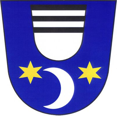 V modrém štítě nahoře černo-stříbrně dělený štít, v horním poli se dvěma stříbrnými břevny, dole stříbrný dorůstající půlměsíc provázený dvěma zlatými hvězdami. Znak Běhařovice