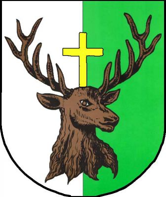 Ve stříbrno-zeleném polceném štítě je hlava a krk jelena dvanácteráka přirozené barvy, který má mezi parohy zlatý latinský kříž. Znak Benecko