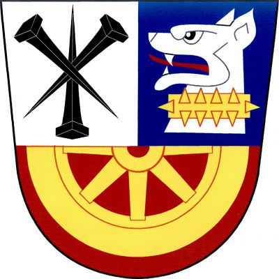 Dělený štít, horní polovina stříbrno-modře polcena, vpravo tři (2,1) zkřížené černé hřeby, dolní vztyčený. Vlevo stříbrná hlava psa věžníka s červeným jazykem a zlatým obojkem, v dolním červeném poli vynikající polovina zlatého vozového kola. Znak Bernardov