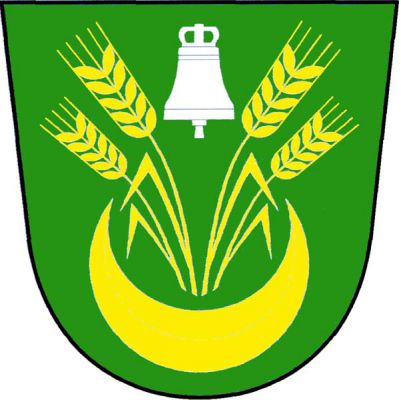 V zeleném štítě dvě dvojice odkloněných obilných klasů, každý s listem, nad stoupajícím půlměsícem, obojí zlaté. Mezi klasy stříbrný zvon se závěsem. Znak Bezděčí u Trnávky