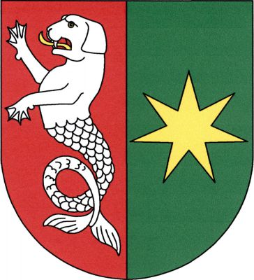V červeno - zeleně polceném štítě vpravo stříbrný mořský pes se zlatým jazykem, vlevo zlatá sedmihrotá hvězda. Znak Bezděkov