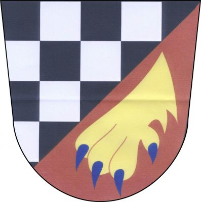 Šikmo dělený štít, horní pole černo-stříbrně šachováno, v dolním červeném poli zlatá medvědí tlapa s modrou zbrojí. Znak Bezvěrov