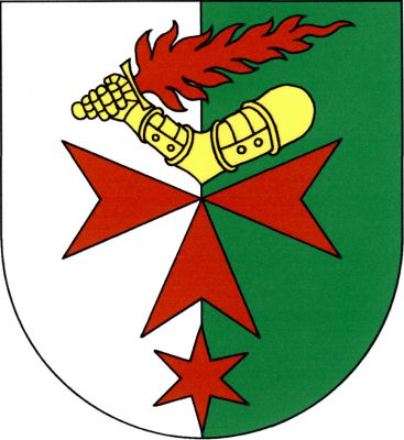 Ve stříbrno-zeleně polceném štítě nad hvězdou maltézský kříž bez horního ramene, obojí červené. Nad křížem zlaté obrněné rameno držící červeně hořící meč se zlatým jílcem. Znak Blatno