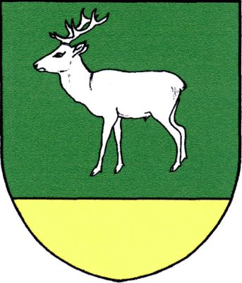 V zeleném štítě nad zlatou patou stříbrný jelen. Znak Blažkov