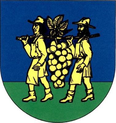 V modro-zeleně sníženě děleném štítě dva vinaři nesoucí na tyči hrozen s listem, vše zlaté. Znak Blučina