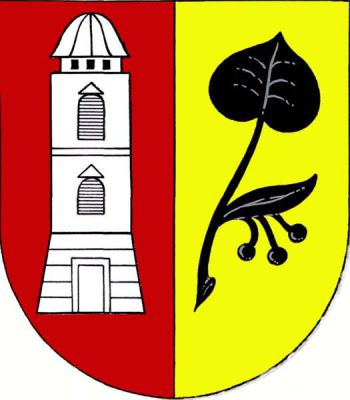 V červeno-zlatě polceném štítě vpravo stříbrná dvoupatrová věž se soklem, dveřmi, dvěma obloukovými okny nad sebou, zakončená zvoncovitou střechou, vlevo šikmo vztyčený černý lipový list s plody. Znak Bobnice