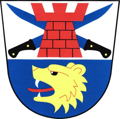 Ve stříbrno-modře děleném štítě nahoře červená kvádrovaná věž s cimbuřím, podložená dvěma zkříženými modrými noži s černými rukojeťmi se dvěma zlatými nýty, dole zlatá medvědí hlava se stříbrnými zuby a červeným jazykem. Znak Bohuslavice