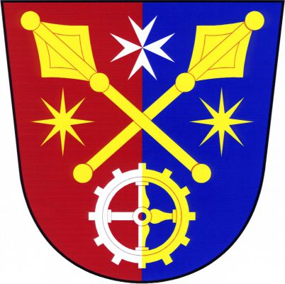 V červeno-modře polceném štítě dva zkřížené zlaté palcáty provázené nahoře stříbrným maltézským křížem a po stranách dvěma zlatými osmihrotými hvězdami, dole stříbrno-zlatě polcené palečné kolo, vlevo s kuželkovými rameny. Znak Bolešiny