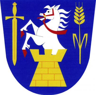 V modrém štítě zlatá kvádrovaná věž s cimbuřím, z níž vyrůstá stříbrný kůň s červenou zbrojí a uzděním, provázený vpravo postaveným mečem a vlevo obilným klasem, obojí zlaté. Znak Borotice