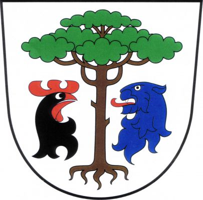 Ve stříbrném štítě vykořeněná borovice přirozené barvy provázená podél kmenu černou kohoutí hlavou s červenou zbrojí a modrou lví hlavou se stříbrnou zbrojí a červeným jazykem, obě přivrácené. Znak Borovnice