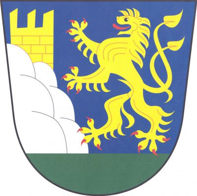 V modrém štítě se zelenou patou vpravo vynikají dvě stříbrné skály za sebou, vrcholící zlatou kvádrovanou věží se třemi stínkami cimbuří, vlevo zlatý dvouocasý lev s červenou zbrojí a jazykem. Znak Branžež