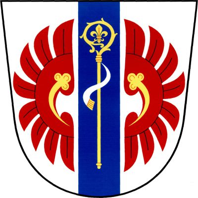Ve stříbrném štítě modrý kůl se zlatou berlou s lilií v hlavici a se stříbrným sudariem provázený dvěma přivrácenými červenými křídly se zlatými, jetelovitě zakončenými perizonii. Znak Brodeslavy