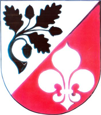 Stříbrno-červeně šikmo dělený štít. Nahoře zelená dubová ratolest o třech listech a třech žaludech. Dole stříbrná lilie. Znak Buchlovice