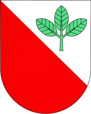Ve stříbrno-červeně kosmo děleném štítě nahoře zelený bukový trojlist. Znak Bučina