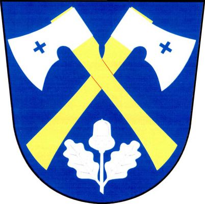 V modrém štítě zkřížené stříbrné sekery se zlatými topůrky, pod nimi vztyčený stříbrný dubový dvoulist se žaludem. Znak Budětsko