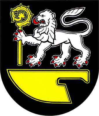 V černém štítě nad položenou zlatou radlicí stříbrný kráčející lev s červenou zbrojí držící zlatou berlu závitem ven. Znak Budišovice