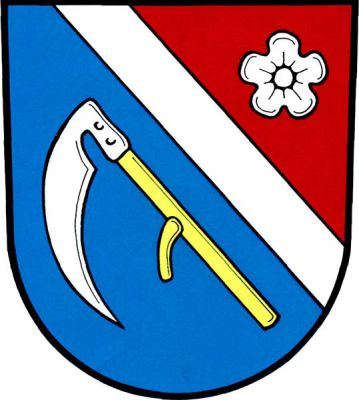 V červeno-modře zvýšeným stříbrným kosmým břevnem děleném štítě nahoře stříbrný pětilistý květ, dole kosmá stříbrná kosa se zlatým kosištěm. Znak Čechtín