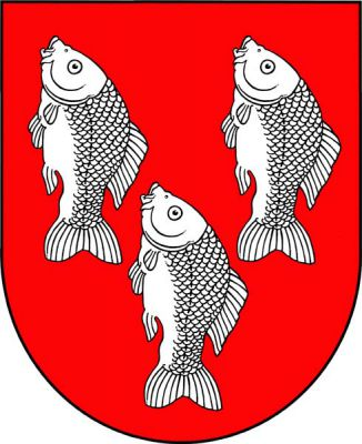 V červeném štítě tři (2,1) stříbrní kapři hlavami nahoru. Znak Čepí