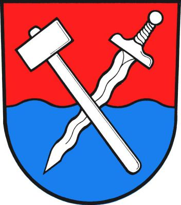 V červeno-modře vlnitě děleném štítě zkřížené kladivo a dolů obrácený plamenný meč, obojí stříbrné. Znak Česká Ves