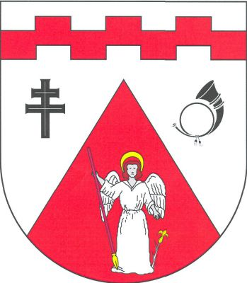 Ve stříbrném štítě snížený červený hrot převýšený červeným cimbuřovým břevnem. V hrotu stříbrný anděl se zlatou svatozáří, s dolů obráceným kopím se zlatým hrotem v pravici a zlatou přirozenou lilií vyrůstající na stříbrném stonku u levé nohy, hrot provázen vpravo patriarším křížem, vlevo poštovní trubkou, obojí černé. Znak Chlístov