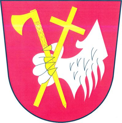 V červeném štítě stříbrná lví tlapa se zlatou zbrojí držící kosmý čakan a šikmý latinský kříž, obojí zlaté. Znak Chodský Újezd