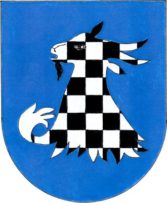V modrém štítě utržená černo - stříbrně šachovaná hlava kozla s krkem. Znak Choteč