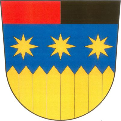 V modrém štítě pod červeno-černě polcenou hlavou palisáda převýšená třemi osmihrotými hvězdami, vše zlaté. Znak Chrastavec
