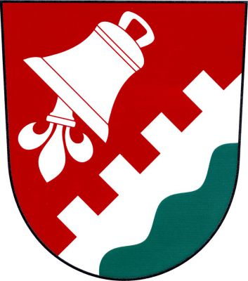 Sníženě cimbuřově šikmo dělený štít. V horním červeném poli šikmý stříbrný zvon s liliovým srdcem. Dolní pole stříbrno - zeleně šikmo vlnitě dělené. Znak Chudíř