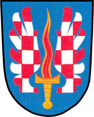 V modrém štítě zlatý plamenný meč mezi dvěma přivrácenými stříbrno-červeně šachovanými křídly. Znak Citonice