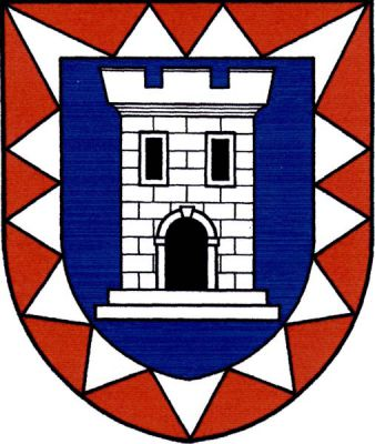 V červeném štítě na stříbrném kopřivovém listu modrý štítek se stříbrnou kvádrovanou věží s cimbuřím o třech stínkách, s černou branou a dvěma okny. Znak Deblín
