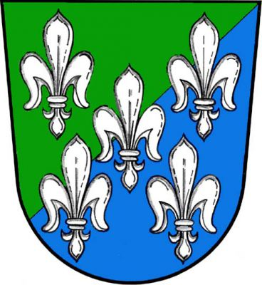 V zeleno - modře šikmo děleném štítě pět (2, 1, 2) stříbrných lilii. Znak Dívčice
