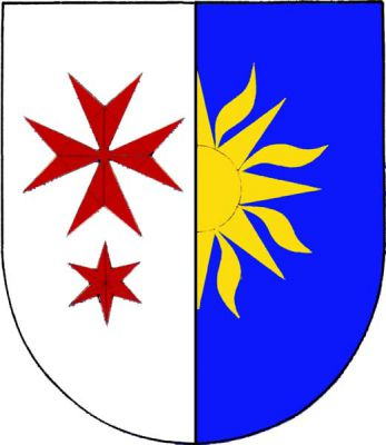 Stříbrno-modře polcený štít, vlevo půl zlatého slunce, vpravo osmihrotý kříž nad hvězdou, obojí červené. Znak Dobřichovice