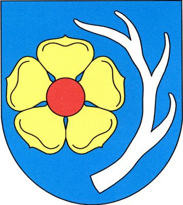 V modrém štítě zlatá růže s červeným semeníkem a vztyčený stříbrný levý jelení paroh. Znak Dobrohošť