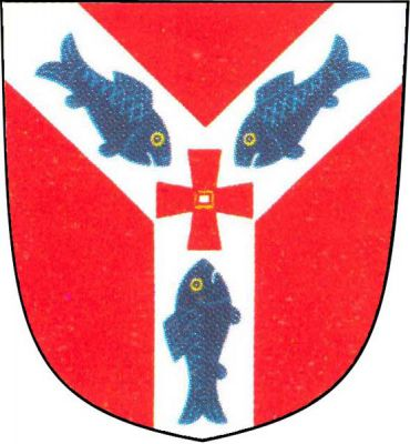 V červeném štítě stříbrná vidlice, v ní uprostřed červený oškrtový kříž se zlatě lemovaným čtvercovým otvorem, provázený třemi modrými, do středu obrácenými rybami. Znak Dobromilice