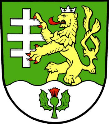 V zeleném štítě ze stříbrné vlnité paty od kýt vyrůstající zlatý dvouocasý lev se stříbrnou korunou a červenou zbrojí, držící stříbrný trojramenný řecko-katolický kříž, v patě zelený bodlák s červeným okvětím. Znak Dolní Bečva