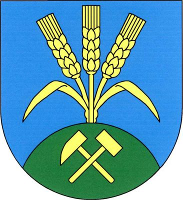 V modrém štítě na zeleném návrší se zlatými hornickými kladívky tři zlaté obilné klasy dole spojené, krajní odkloněné s listem. Znak Dolní Nivy