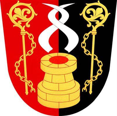V červeno-černě polceném štítě zlatá kvádrovaná studna s červeným otvorem, nad ní dva propletené stříbrné rohy, po stranách dvě přivrácené zlaté berly ovinuté zlatými řetězy. Znak Dolní Studénky