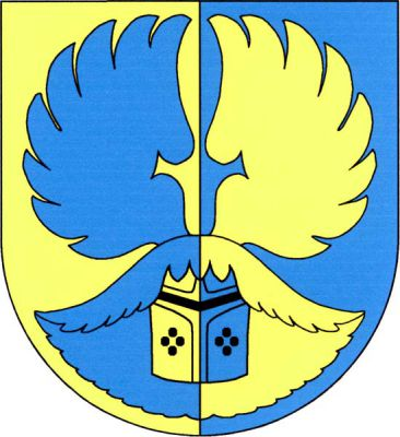Ve zlato-modře polceném štítě polcená hrncová přilba s přikrývadly a dvěma rozloženými křídly, vše opačných barev. Znak Dolní Vilémovice