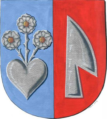 V modro - červeně polceném štítě vpravo srdce kvetoucí třemi růžemi se zlatými semeníky, vlevo vztyčená, doleva obrácená radlice, vše stříbrné. Znak Domamil
