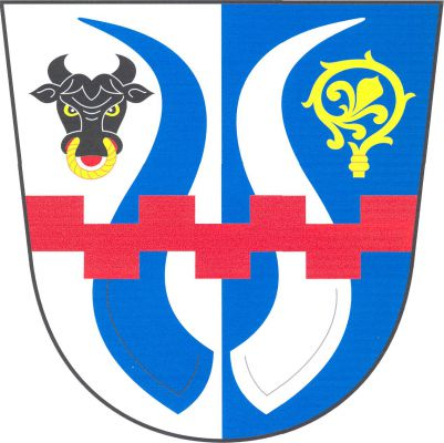Ve stříbrno - modře polceném štítě, s červeným oboustranně cimbuřovým břevnem, buvolí rohy opačných barev, nahoře provázené vpravo černou zubří hlavou s červeným jazykem a zlatou houžví, vlevo zlatou hlavicí berly. Znak Drahonín