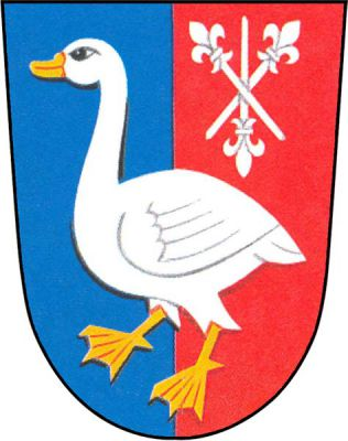 V modro-červeně polceném štítě stříbrná husa se zlatou zbrojí, provázená vlevo nahoře třemi zkříženými stříbrnými liliovými hůlkami, prostřední obrácená. Znak Dražůvky