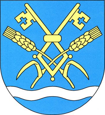V modrém štítě nad stříbrným vlnitým břevnem v patě vztyčený gotický dvojklíč provlečený dvěma zkříženými obilnými klasy, každý s odkloněným listem, vše zlaté. Znak Dvorce