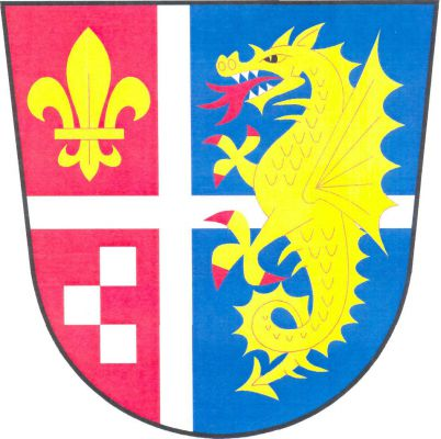 V červeno - modře doprava posunutým stříbrným heroldským křížem dělený štít. Vpravo nahoře zlatá lilie. Dole tři dotýkající se stříbrné kvádry pod sebou (zprava 1, 2), vlevo vztyčený zlatý drak s červenou zbrojí a chrlící červené plameny. Znak Erpužice
