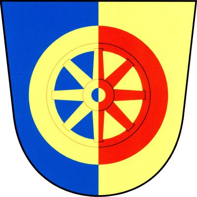 V modro-zlatě polceném štítě zlato-červeně polcené vozové kolo. Znak Habartice
