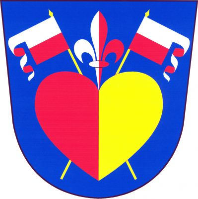 V modrém štítě červeno-zlatě polcené srdce s vyrůstající stříbrno-červeně polcenou lilií, podložené zkříženými odvrácenými stříbrno-červeně dělenými praporci s ocasy na zlatých žerdích. Znak Hluboké Mašůvky